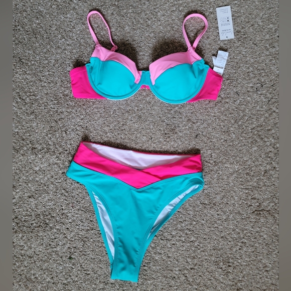 Cupshe Aqua and Pink Underwire Bikini Set Large Top / Small Bottom - Picture 4 of 12